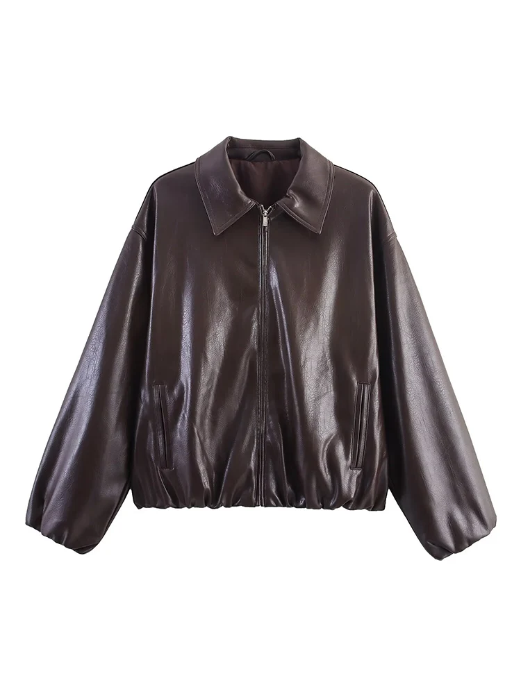 PU Leather Jackets For Women Fashion Streetwear Zipper Bomber Jacket Coats Autumn New Casual Loose Lapel Bomber Outerwear