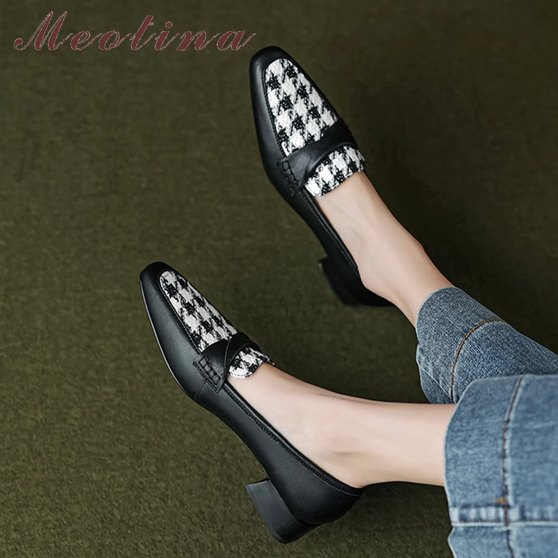 

Meotina Women Genuine Leather Round Toe Flats Pleated Ladies Fashion Concise Casual Shoes Spring Autumn Brown Black 40