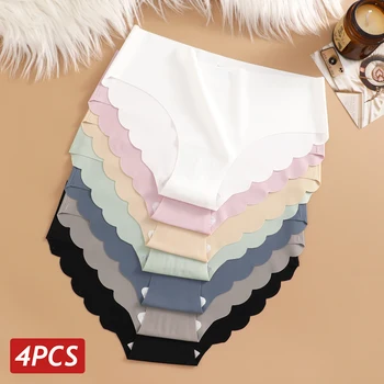 Mutandine senza cuciture in seta di ghiaccio 4 pezzi / set slip da donna biancheria intima elastica tinta unita femminile ultra sottile senza traccia mutandine laterali ondulate 1