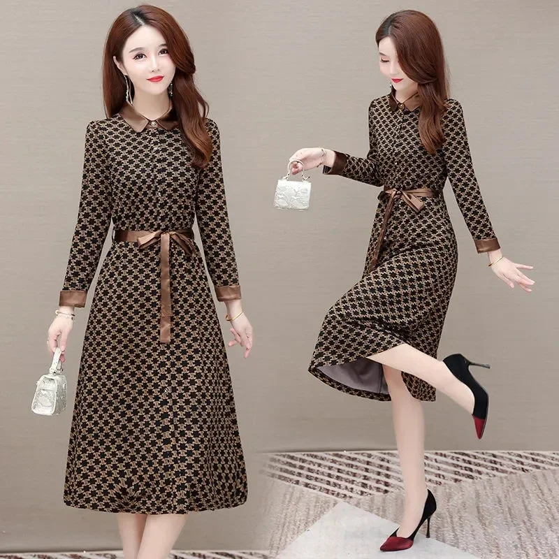 

Vintage Print Elegant Shirt Dress For Women New Lace Up Long Sleeve Party Vestido Korean Autumn Breasted Midi Dresses J128