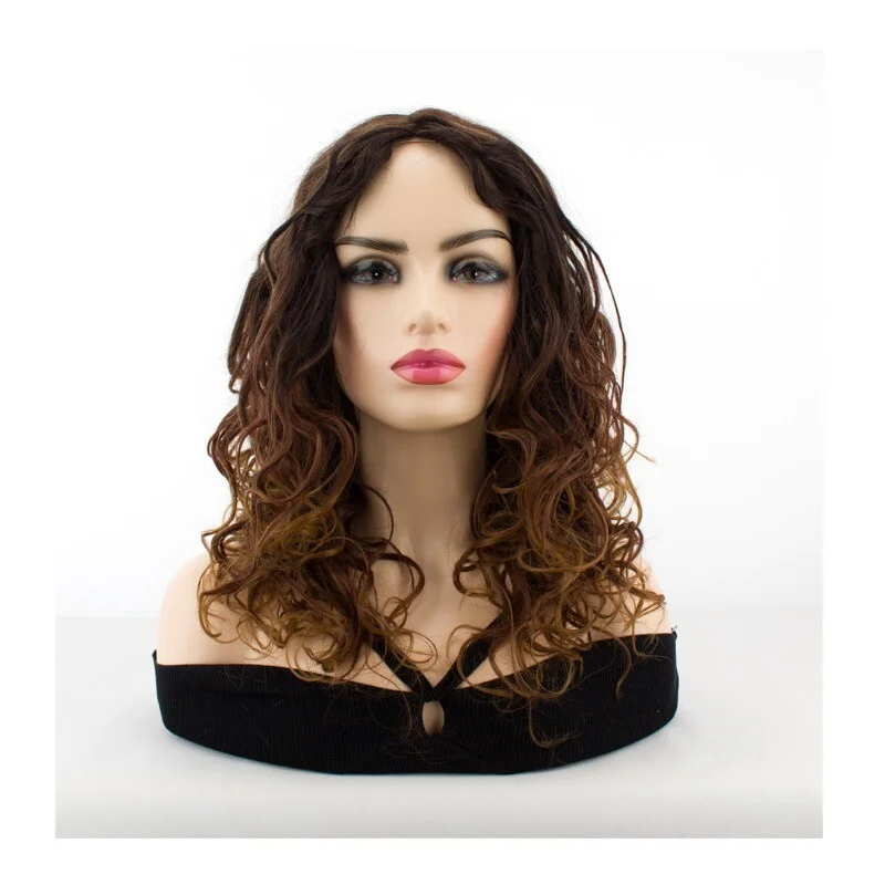 여성 물결 모양의 곱슬 가발 여성용 머리 푹신한 가발 긴 갈색 금발 가발 + 가발 모자
