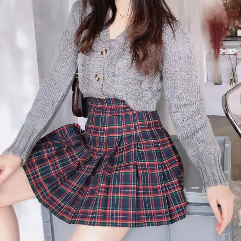 New Women Fashion Street Style Plus Size Vintage High Waist Yellow Mini Plaid Pleated Skirt A-Line Short Skirt With LiningXS-5XL black tennis skirt