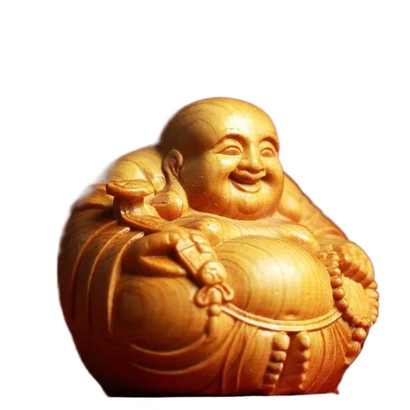 Woodcarving Mini Ornaments Maitreya Buddha Wooden Laughing Buddha Craft Gift Chinese Style Handle