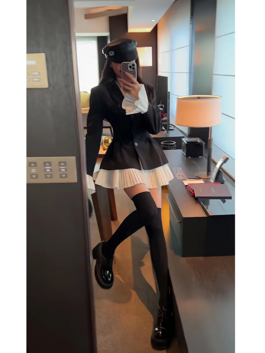 Elegant Patchwork Suit Dress Women Turn-down Collar Single Breasted Flare Sleeve Pleated Autumn Spring Korean Chic New Clothes