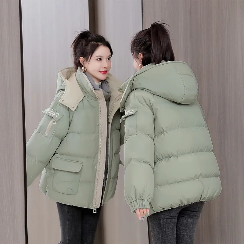 2023 New Women Down Cotton Coat Winter Jacket Female Short Parkas Loose Thick Warm Outwear Hooded Versatile Fashion Overcoat