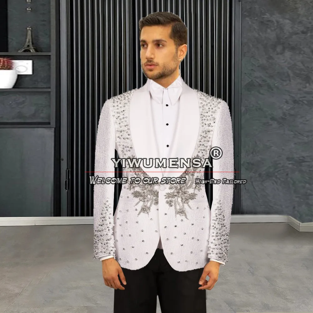 

Elegant Groom Wedding Suits Slim Fit Handmade Pearls Flower Patterned Jacket Pants 2 Pcs Mens Tuxedos Costume Homme Pour Mariage