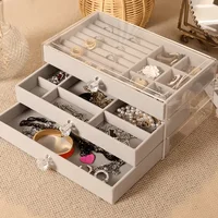 Acrylic Velvet Jewelry Organizer and Storage with 3 Drawers, Small Jewelry Box for Women, Necklace Rings Earring Display Holder 1