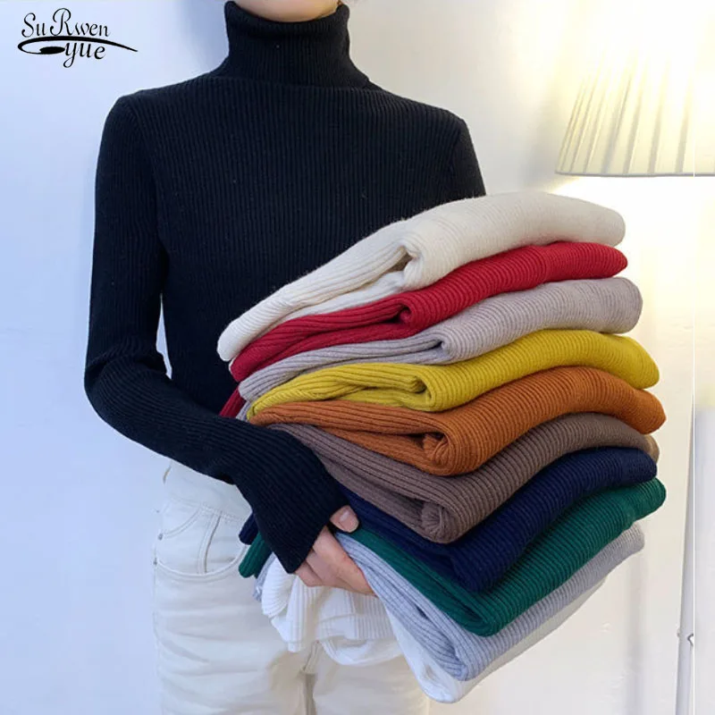 

Women Pullover Turtleneck Sweater Autumn 2024 Long Sleeve Elastic Korean Simple Basic Jumper Pull Femme Solid Color Tops 16675
