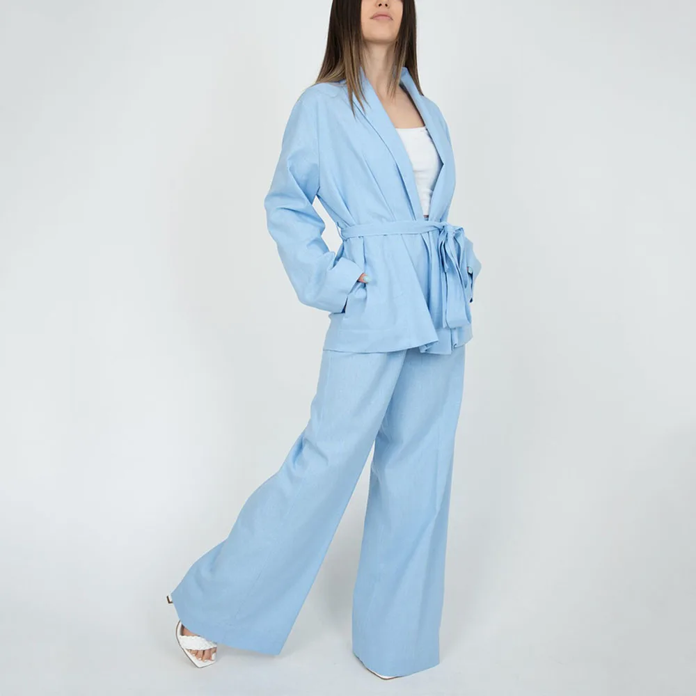 Causal Oversized Suit For Women Two-Piece Formal Party Suit Blue Blazer Pants Belt Office Set Custom Made