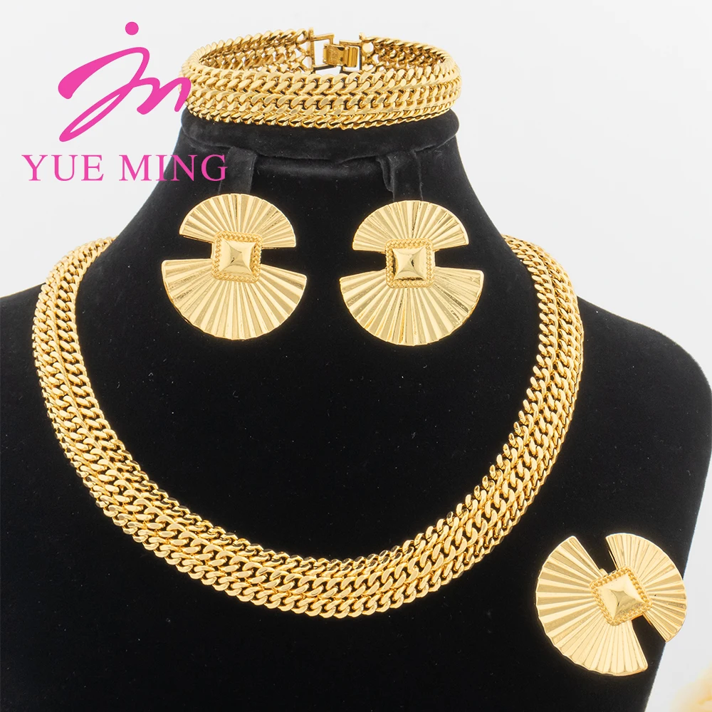 

YM Jewelry Set for Women Copper Necklace Adjustable Ring Bracelet Geometry Pendant Luxury Nigeria Dubai Gold Plated Earrings