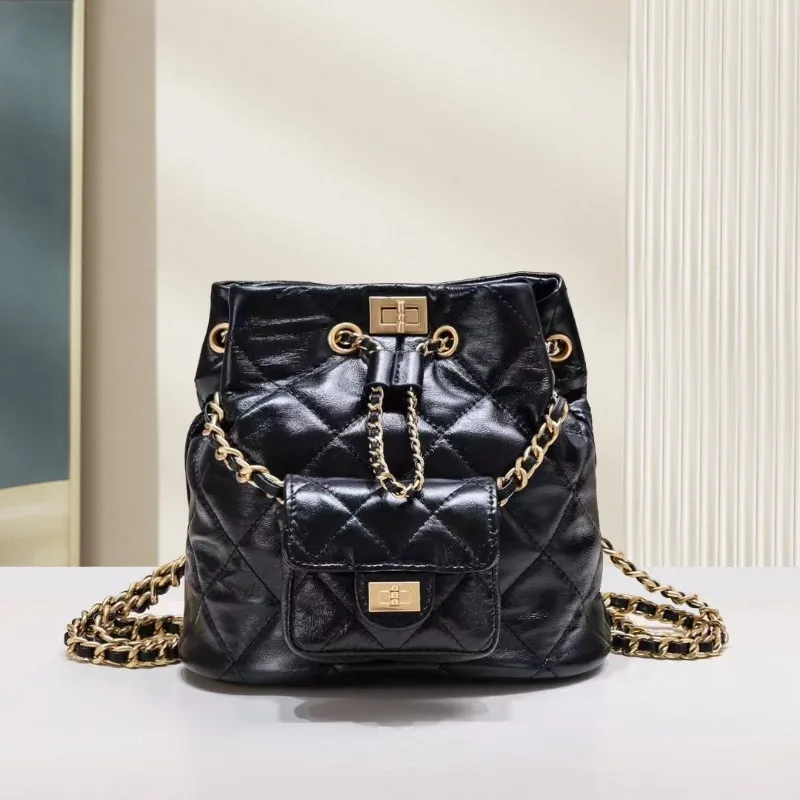 

Head layer oil wax cowhide diamond grid mini backpack chain bag embroidered shoulder bag