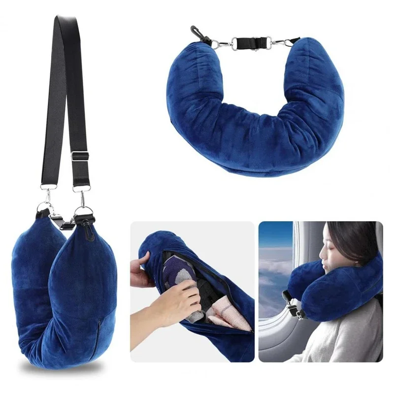 

Portable Fillable Neck Pillow Space-saving Fillable Clothes Neck Pillow Adjustable Comfortable Flannel For Car Train Airplane