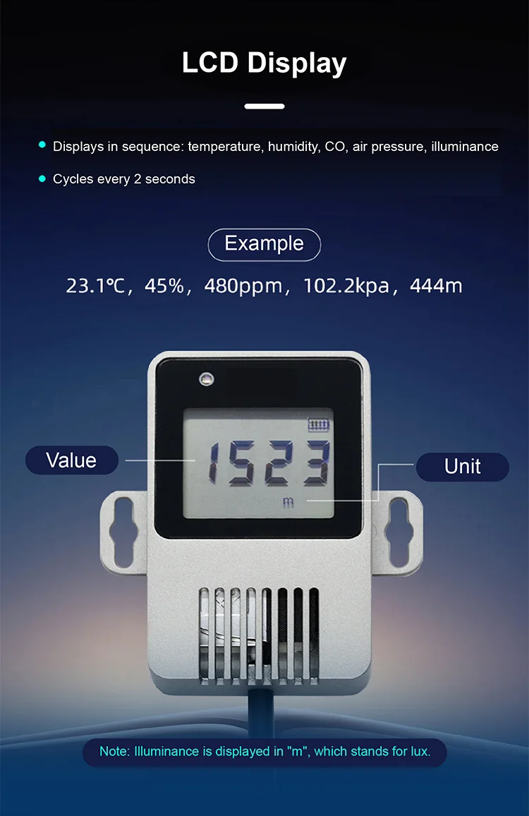 WS301 CO2 Temperature Humidity Barometric Pressure Light Sensor RS485 Transmitte