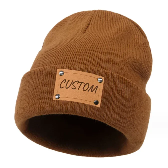 Oohmy Personalized Beanie Cap BOY GIRL Men Women Custom Beanies Leather Patch,Your Own Text Photo Logo Skull Cap Winter Warm Hat 2