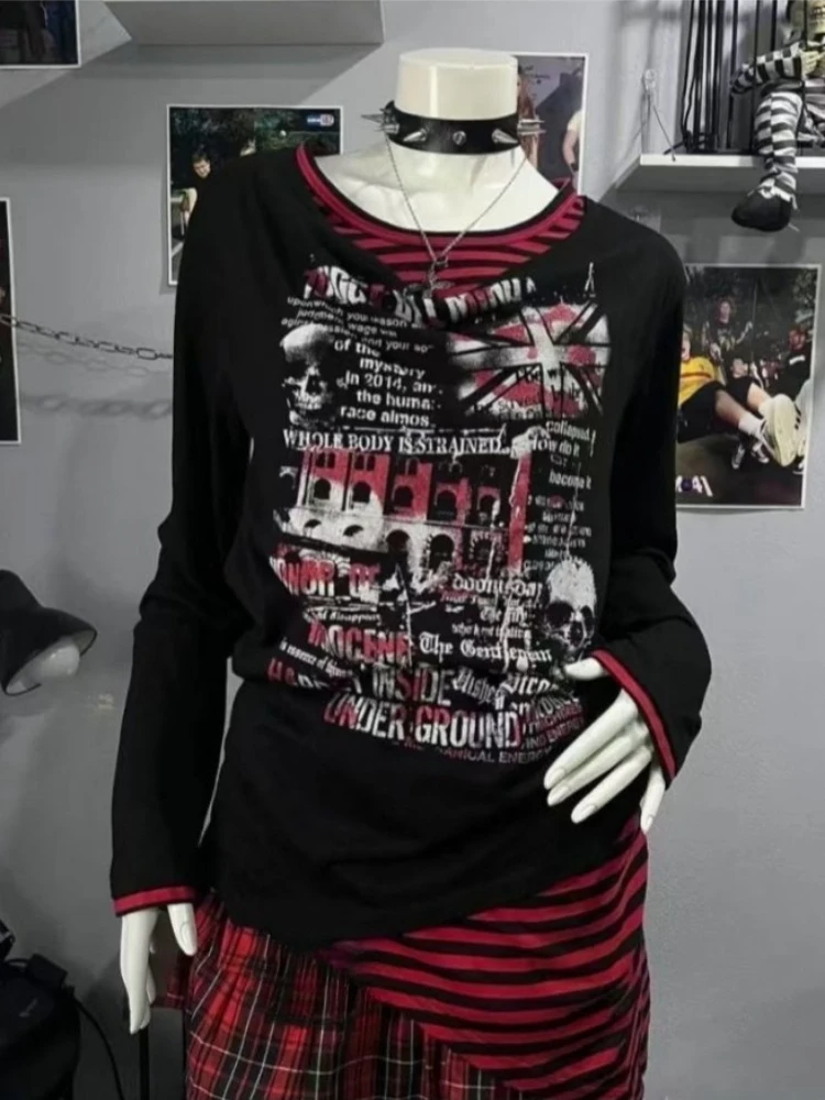 ตัวเลือกสินค้า เสื้อยืดวินเทจผู้หญิง ลายกราฟิก แขนยาว แนว Punk Gothic