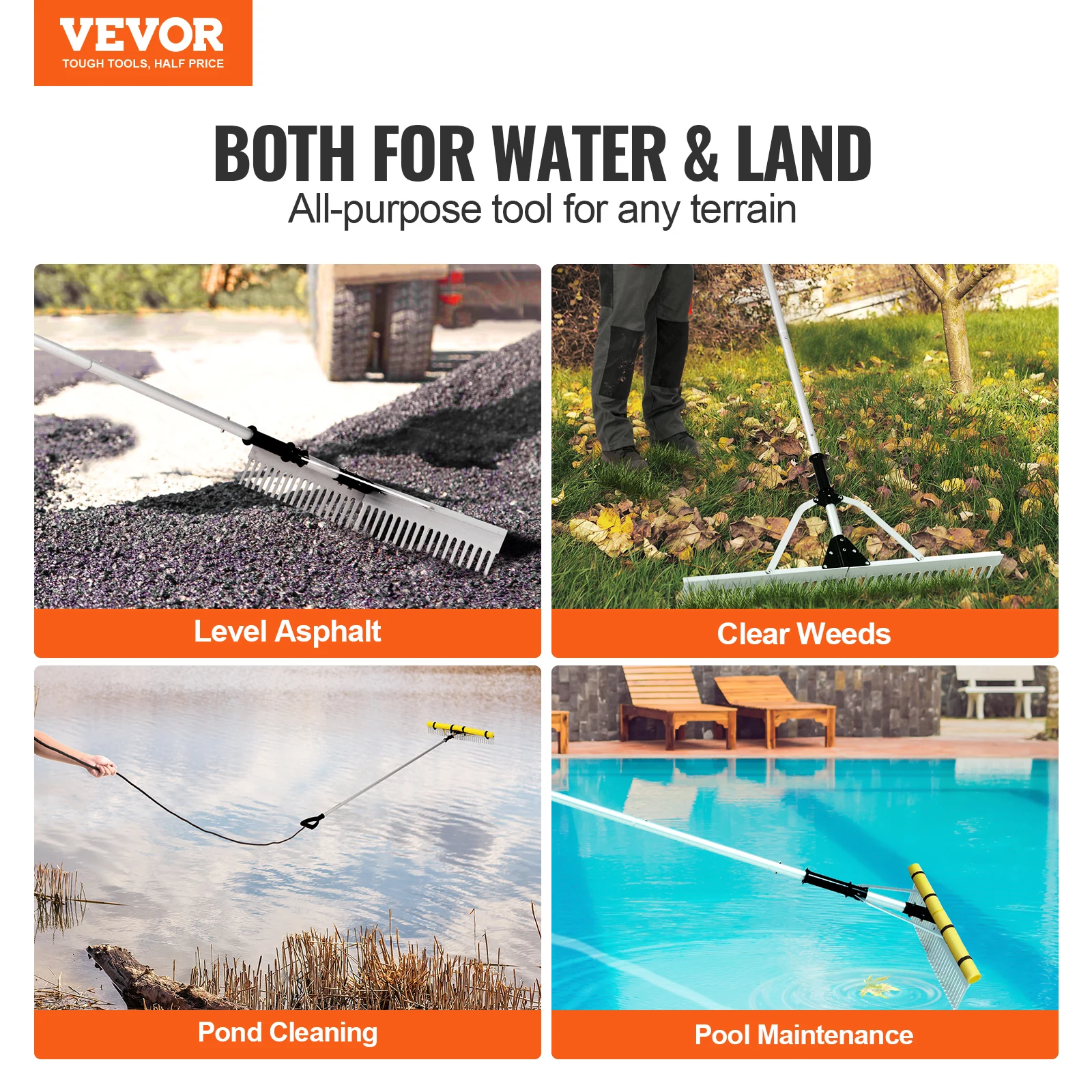 VEVOR Landscape Rake 36" Landscape Rake Lake Weed Rake w/102.36" Adjustable Extension for Loosening Soil/Lawn Care/Weeding Lake 2