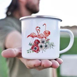 Floral Flamingo Enamel Travel Mug - Durable Metal Outdoor Cup - 360ml (KTZW - 030)