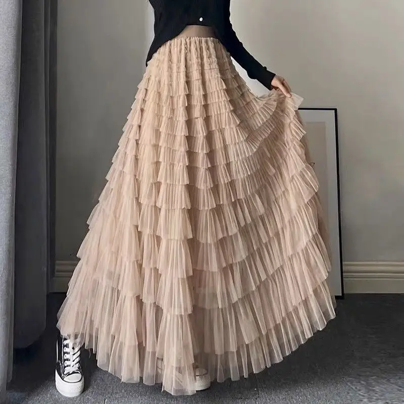 

Women's Fairy Heavy Industry Net Yarn Cake Skirt Spring Summer Long Ankle Design Sense Niche Figure Wide Hem Long Skirts Woman