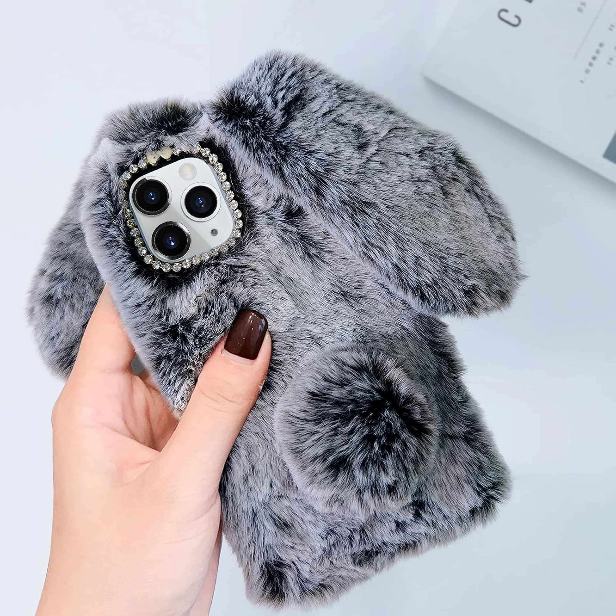 3D Rabbit Plush Case for iPhone 16 Pro Max Luxury Cute Warm Bunny Furry Soft 3D Long Ear Hair Plush Rabbit Case Cover for Grils