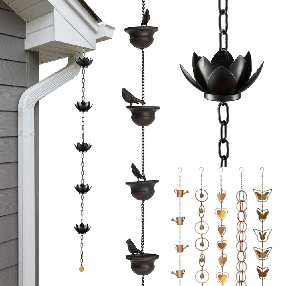 240/120/100cm Rain Chain For Gutter Roof Decor Lotus Rain Chain Drainage Rainwater Cup Creative Birds On Cups Metal Catcher