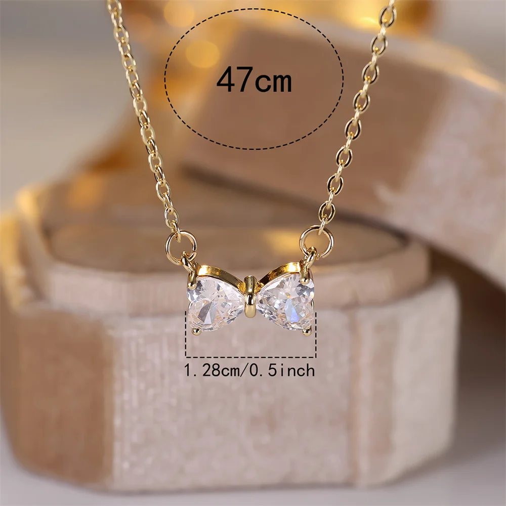 Luxury Crystal Cute Bowknot Pendant White Zircon Necklaces for Women Vintage Gold Color Chain Necklace Wedding Jewelry Accessory