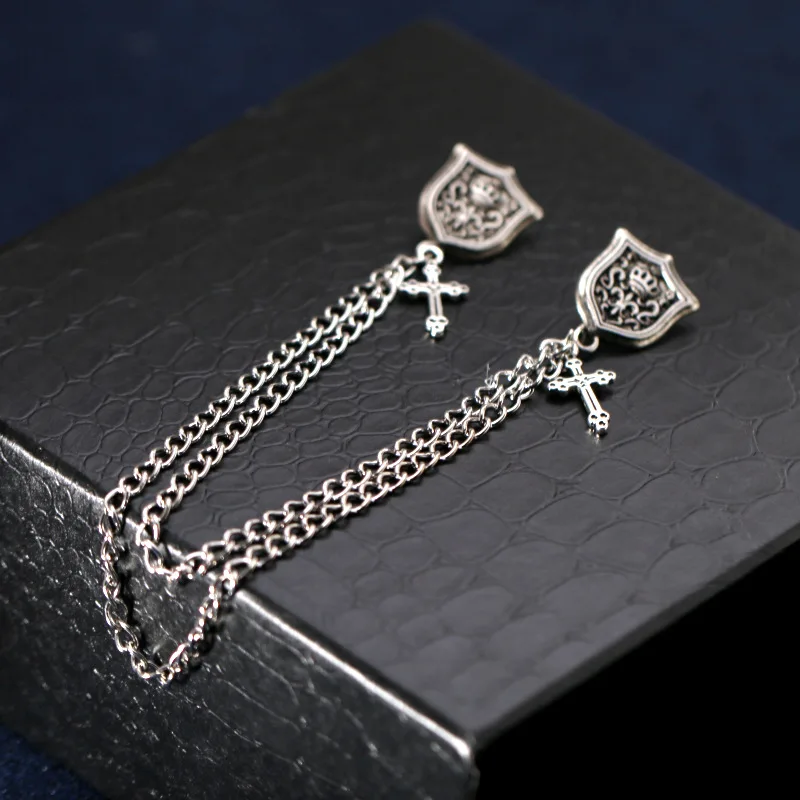 Retro Silver-color Shield Cross Collar Chain Brooch Fashion Men's Women's Shirts s Accessories  Pins Gifts for Men