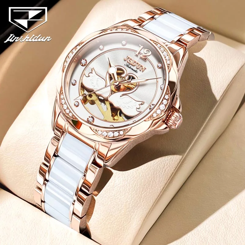 

JSDUN Women Watch 2023 New Fashion Ceramic Strap Rose Gold Mechanical Watch Skeleton Butterfly Dial 30M Waterproof Clock 8831