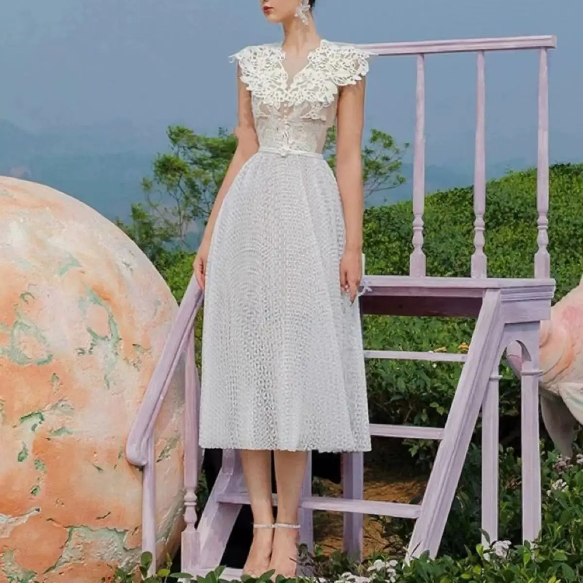 

Women's New In Fashion Lace Patchwork Dress V-neck Sleeveless Embroidery High Waist Hollow Out Elegant Casua Dresses Summer 2023