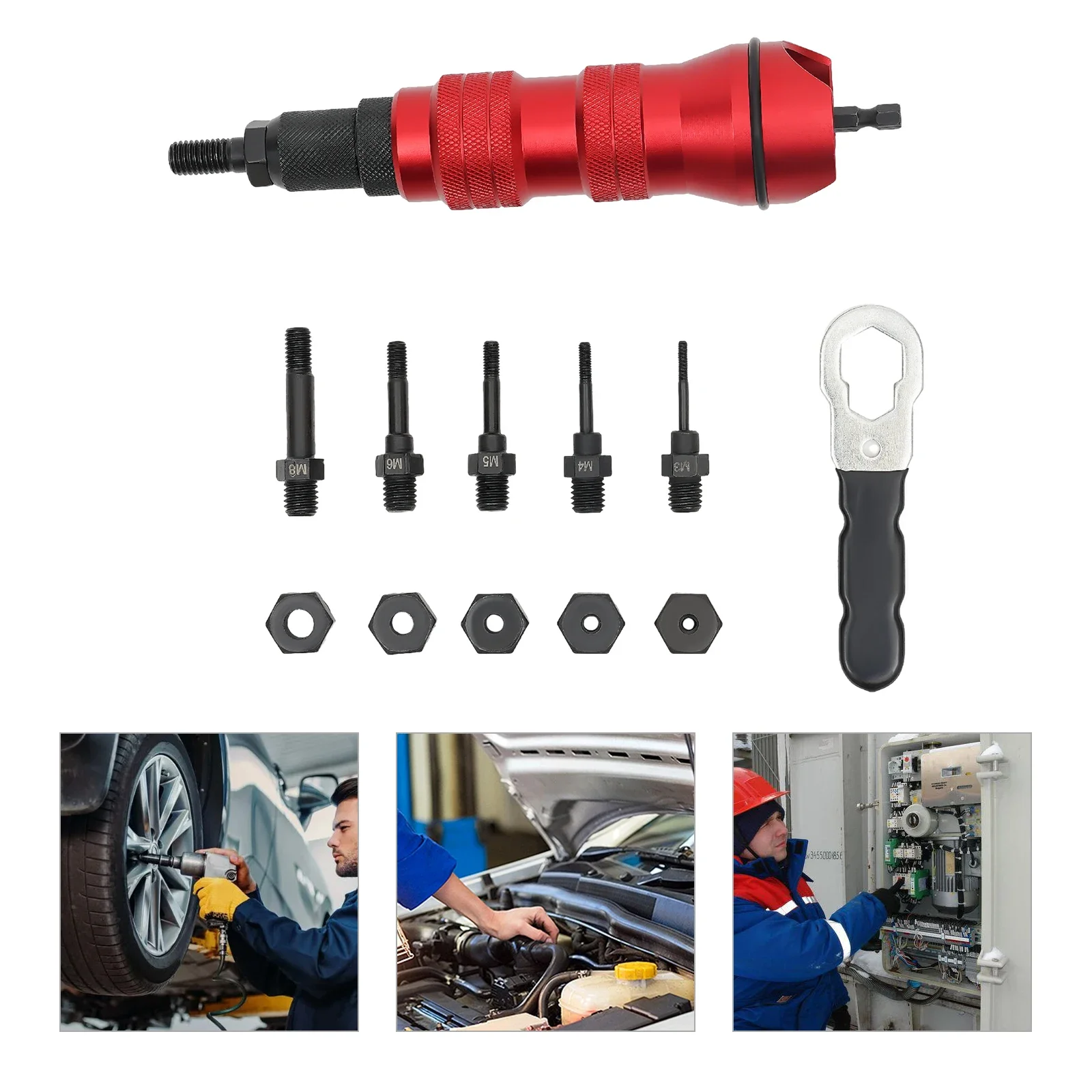 Drill Electric Rivet Gun Adapter Milwaukee Rivet Gun Rivnut Tool Kit mit Tragetasche, M3-M10 Dorne und Schraubenschlüssel für Bohrer – Detail 1