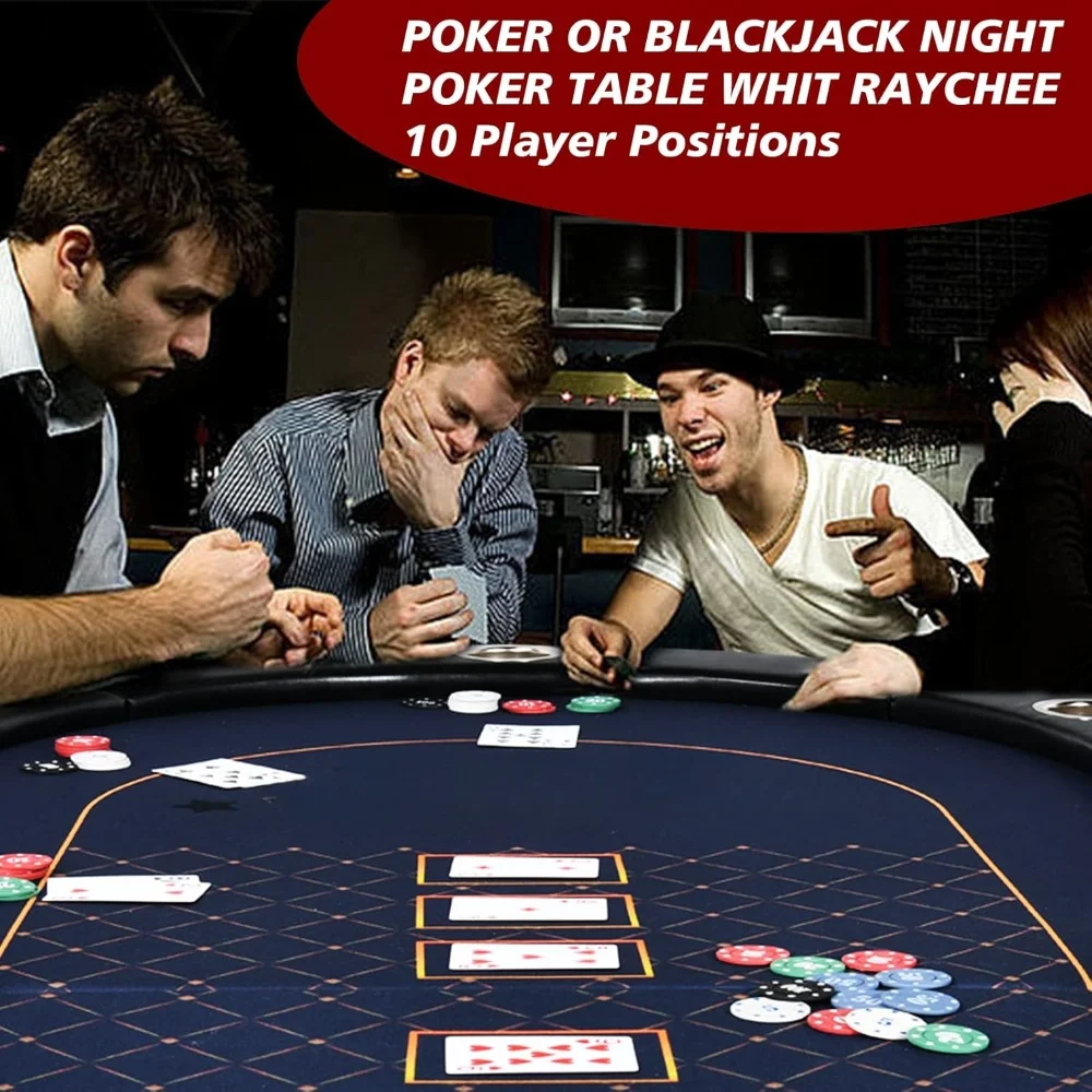 Poker Table Foldable for 10 Player, Folding Casino-Style Texas Hold'em w/Faux Leather Padded Rails & Stainless Steel Cup Holders