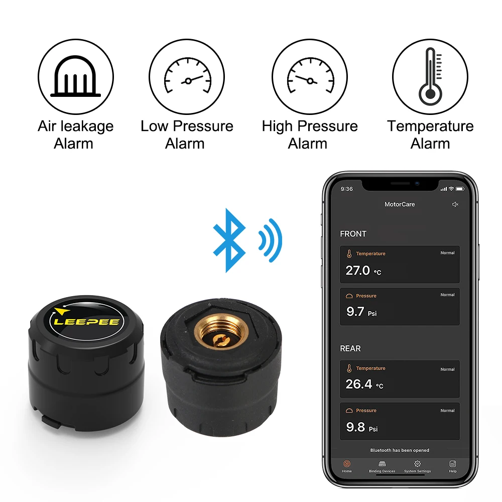 2 개의 외부 센서가 있는 오토바이 TPMS, 블루투스 호환 4.0 5.0 안드로이드/IOS 타이어 압력 모니터링 시스템