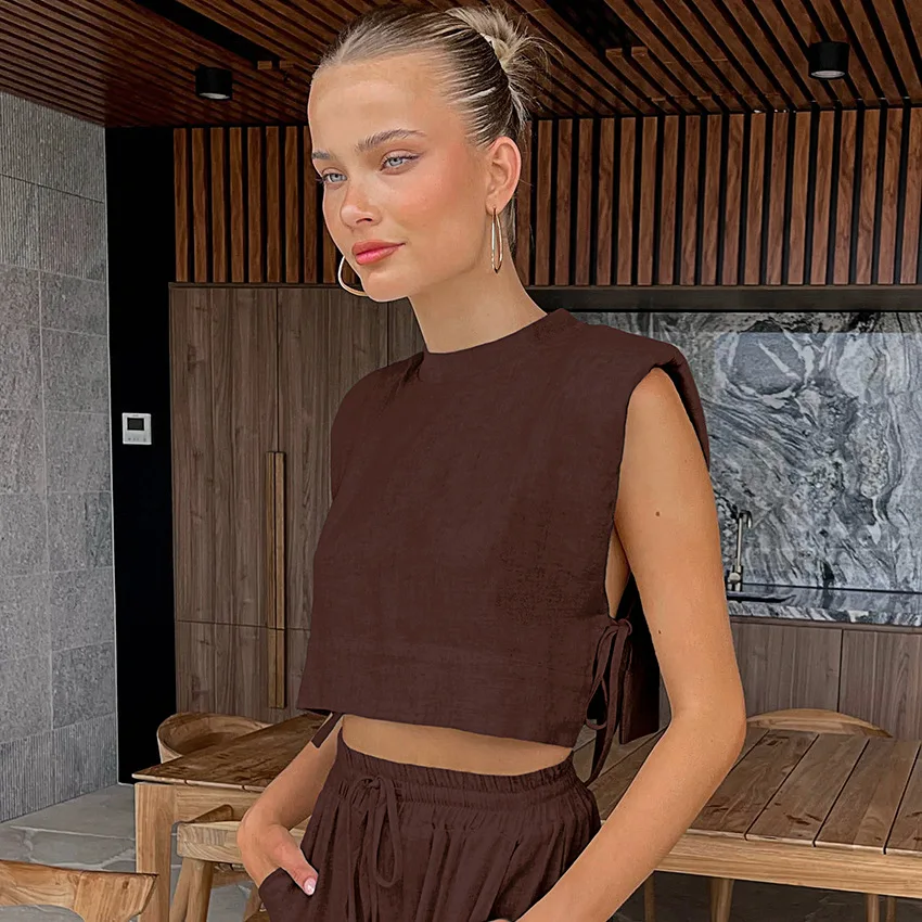 Long Pant Sets Women 2 Piece Set Outfit Sleeveless Elegantes Lace Up Short Tops Drawstring Two Piece Set Commuting 2024 Summer