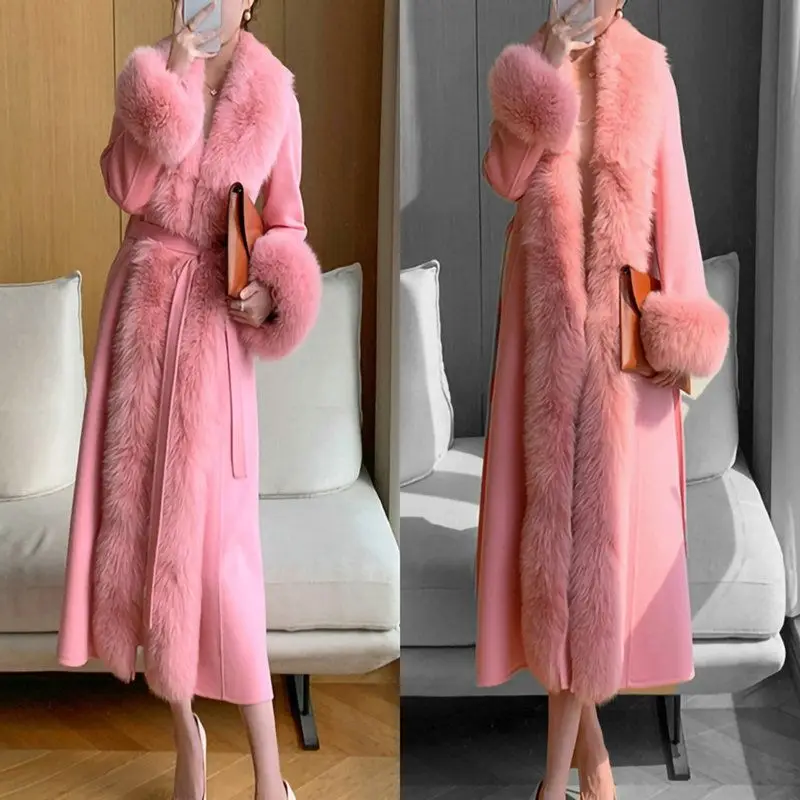 Mink Coat Women's Long Cashmere Jacket Winter Fox Fur Collar Extra Thick Parkas Woolen Overcoat Tiktok New Imitation Fur Outwear
