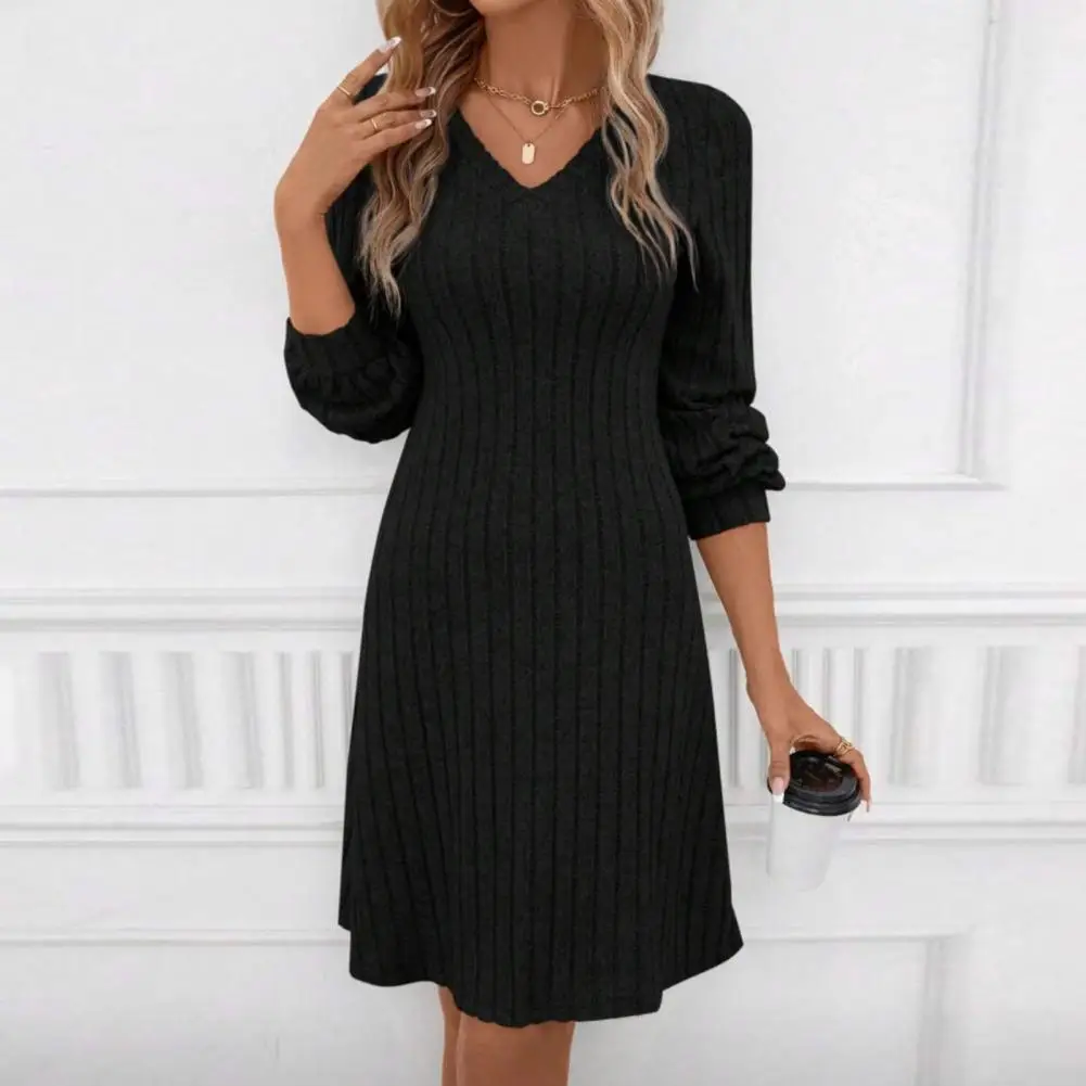 

Thick Warm A-line Dress Women V-neck Dress Stylish Ribbed Knitted Mini Dress for Women Long Sleeve A-line Autumn/winter