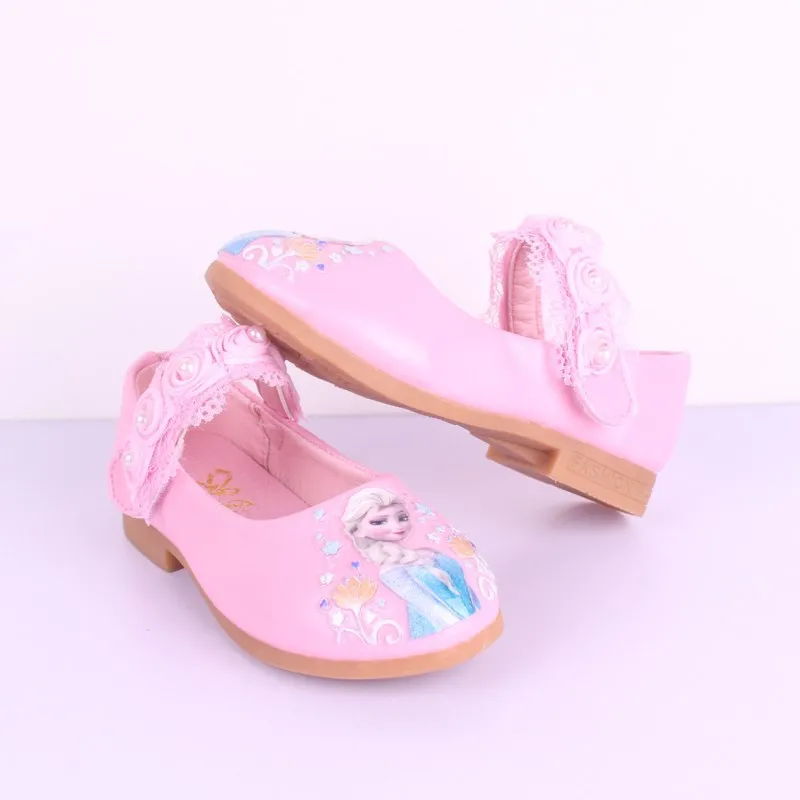 Disney New Kids Elsa Casual Shoes girls Frozen Princess Pink Soft Shoes Children's Cartoon pearl Leather Shoes Size 26-35 child shoes girl