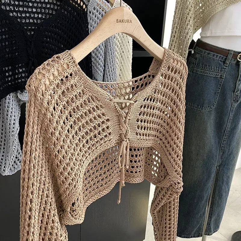 Hollow Out Short Style with Camisole Knitted Sweater for Women's Summer New Loose Long Sleeved Cover Up Sun Protection Top 6