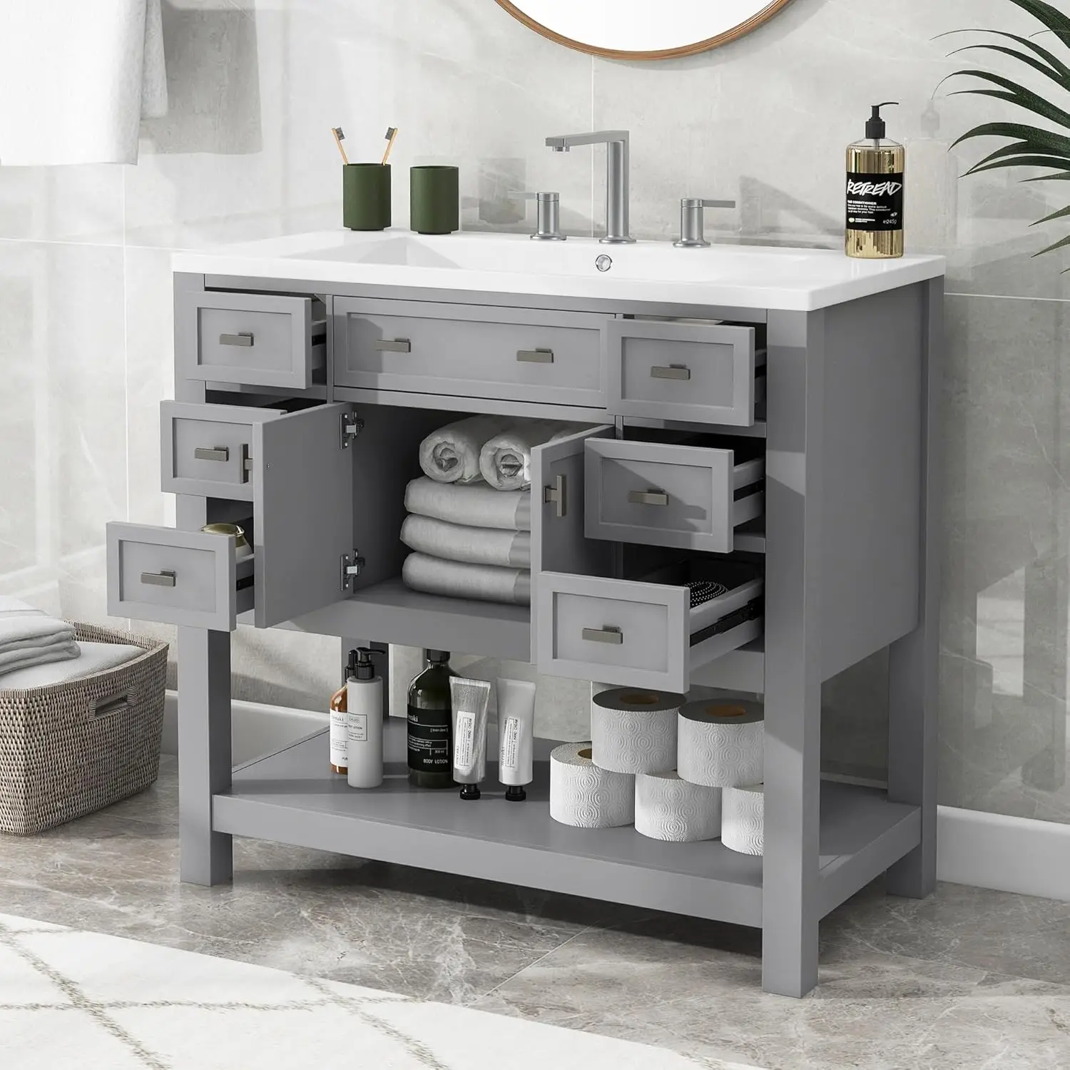 36'' Bathroom Vanity with Single Sink Combo, Modern Bathroom Sink Cabinet with 2 Soft Closing Doors & 6 Drawers 3
