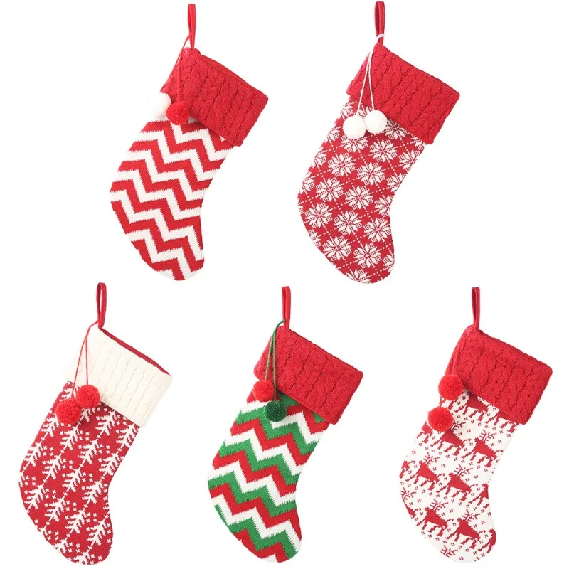 New Knit Christmas Stockings - Red/White Reindeer Pattern Gift Bags for Kids, Holiday Decor with Plush Yarn for Fireplace Mantle