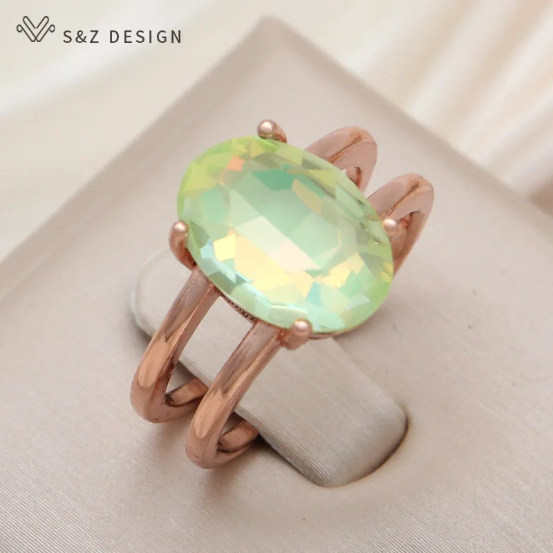 S&Z DESIGN New Fashion Adjustable Egg Shape Oval Crystal Rings For Women Wedding Elegant 585 Rose Gold Color Jewelry Fine Gift