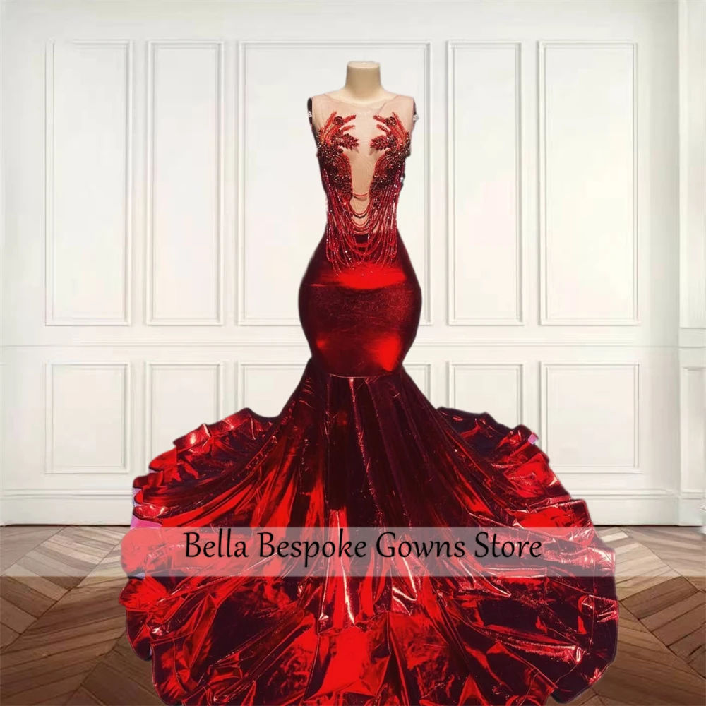 Red Bead Crystal Long Prom Dresses Luxury Black Girl Rhinestone Women Tassel Birthday Party Gown Evening Dresses Customized
