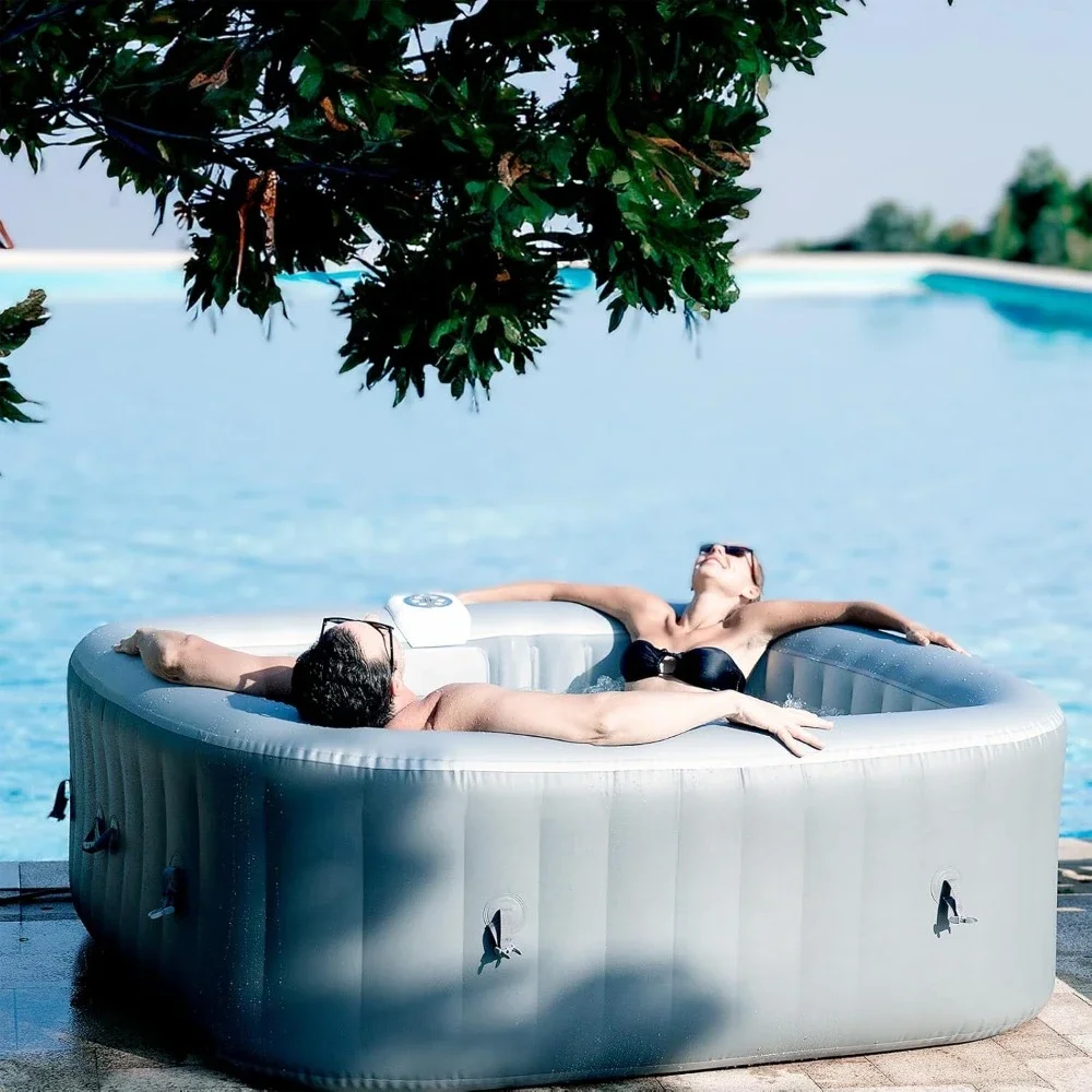 Inflatable Hot Tub 4-6 Person, Blow Up Spa Square Portable Outdoor Hottub, 130 Soothing Bubble Air Jets, Cover