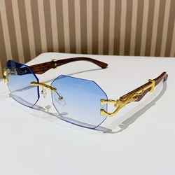 Vintage Leopard Design Rimless Polygonal Metal Frame Anti - Light Glasses - Unisex Outdoor Eyewear (Black)