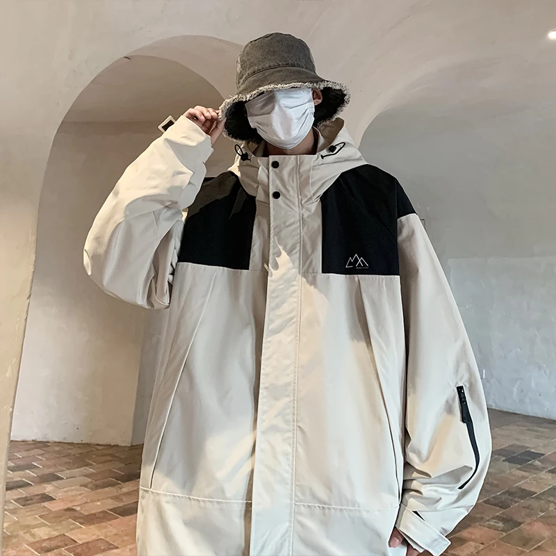 Korean Style Trendy Men Casual Jacket Side Pockets Patchwork Windbreaker Oversize Outdoor Comfy Sport Coat Zip
