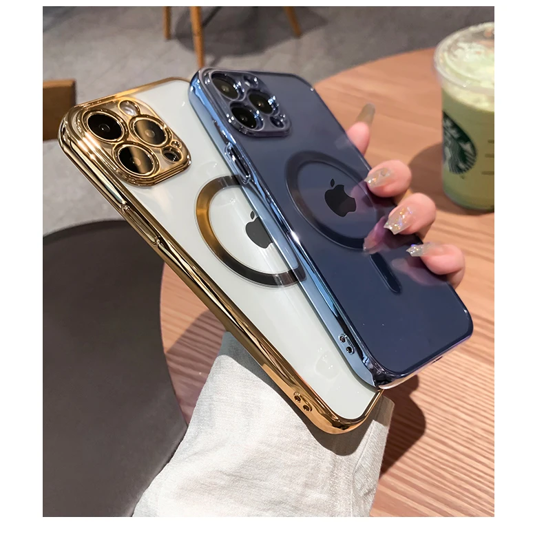 For iPhone 14 13 12 Pro Max Case Luxury Plating Clear Magnetic For Magsafe Wireless Charge Soft Silicone Cover for iPhone 14 Pro