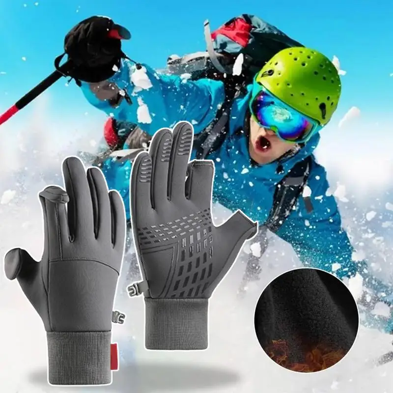 Hiking Gloves Waterproof Non-slip Gloves With 2 Fingerless Design Fleece-Lined Winter Gloves Warm Running Gear For Women Men 2