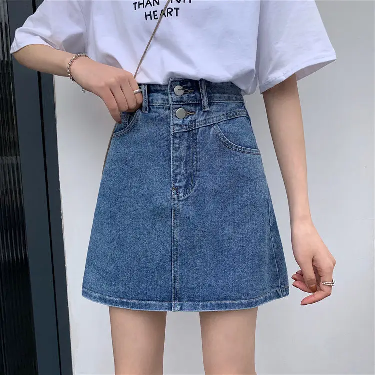 sequin skirt Ailegogo Spring Summer Women Solid Color A-line Washed Retro Denim Short Skirts Streetwear Female Vintage Blue Ins Jeans Skirt ruffle skirt