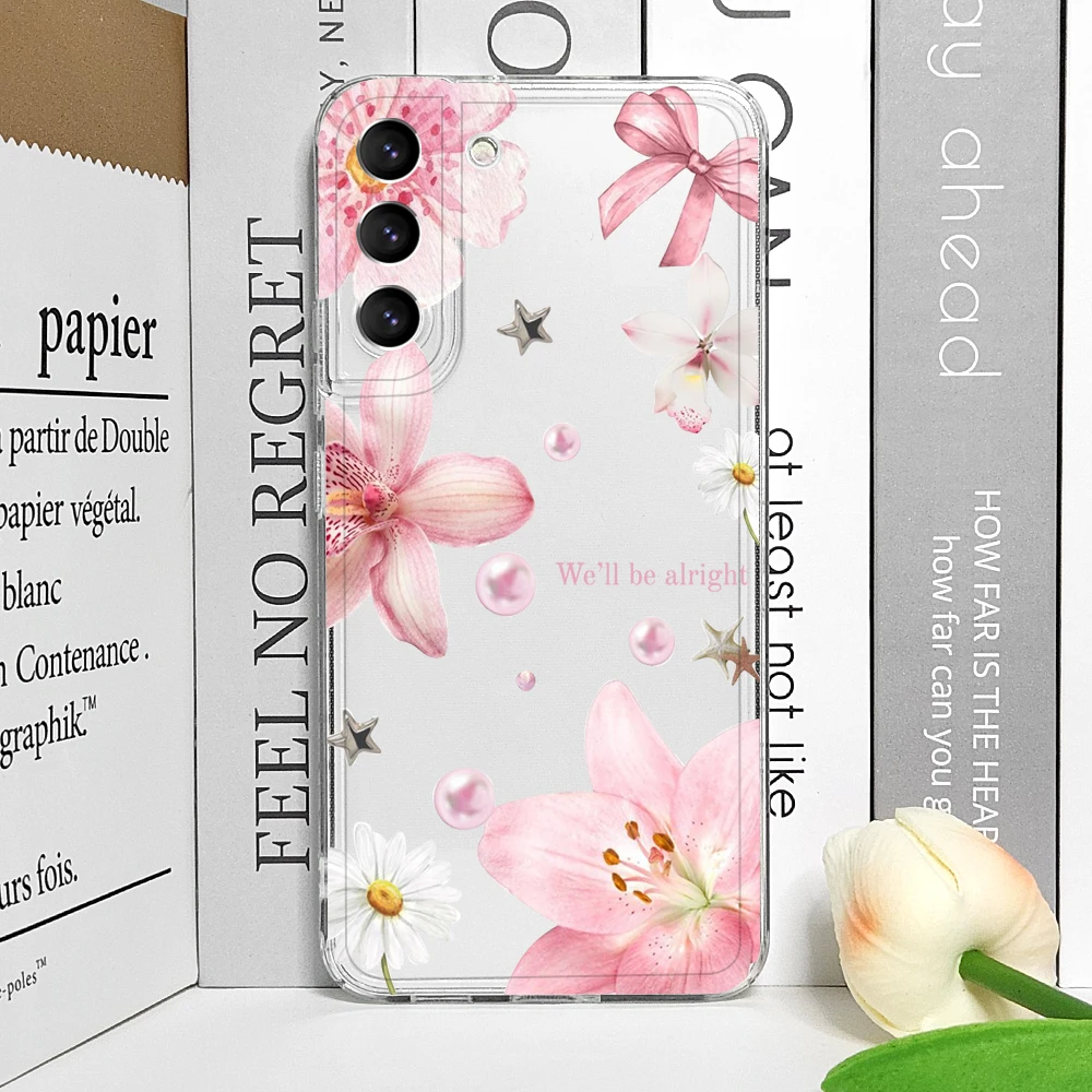 Luxury Pink Pearl Flower Pattern Clear Soft Phone Case