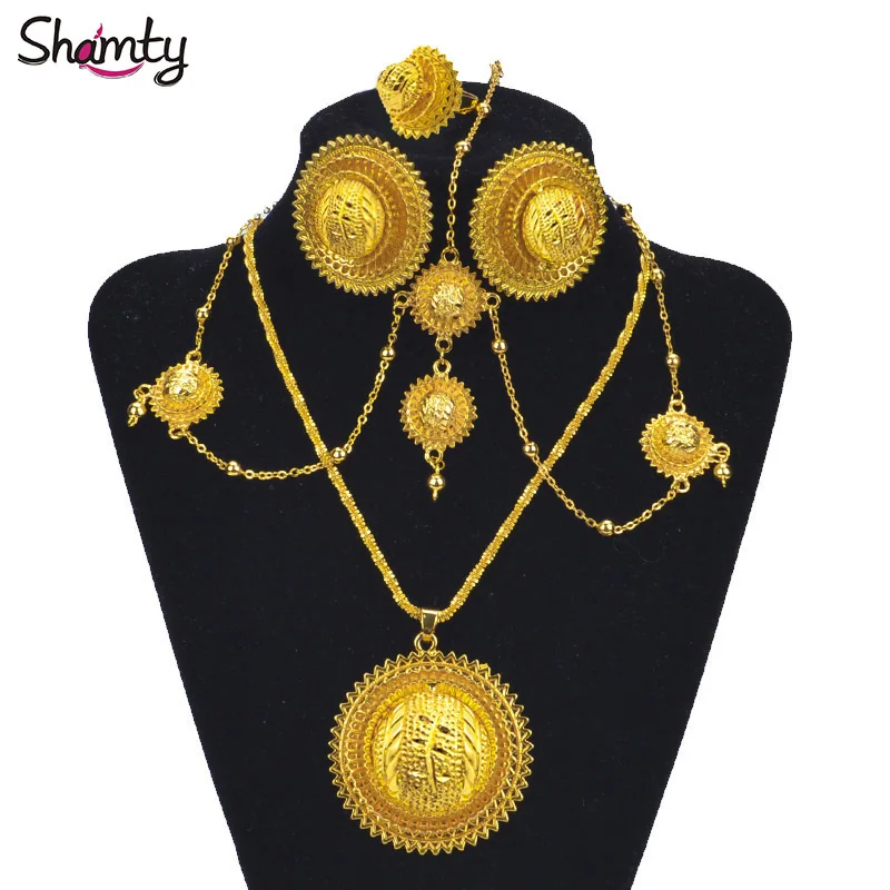 

Shamty African Gold Sets Ethiopian Bridal Jewelry Habasha Style Wedding Pure Gold Color Set Nigeria Eritrea Kenya Hot A30034