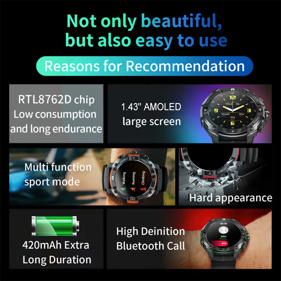 Smart watch MASX MOSS Ⅱ smart watch 1.43'' AMOLED Display 420mAH bluetooth call Military-grade Toughness Waterproof Sport watch men