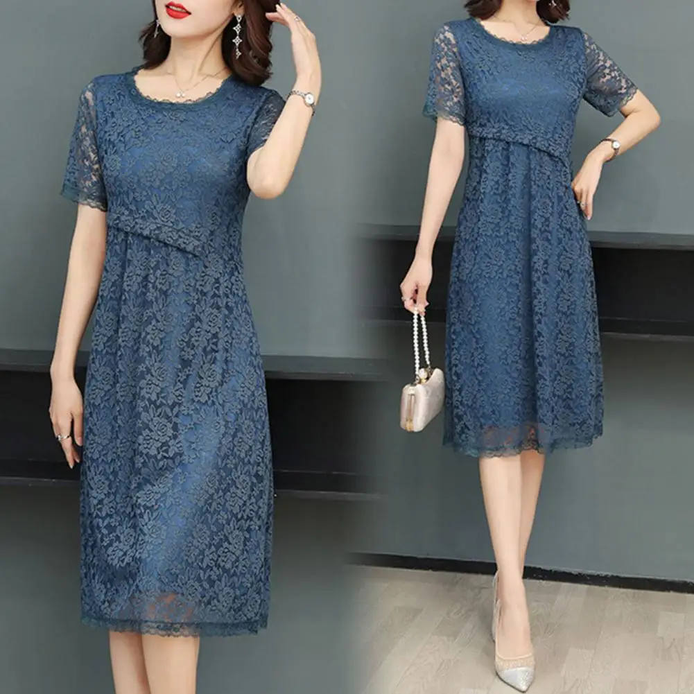 

O Neck Women Dress Elegant Floral Embroidery A-line Midi Dress with Hollow Out Lace Detail Double Layers Hem for Women's Casual